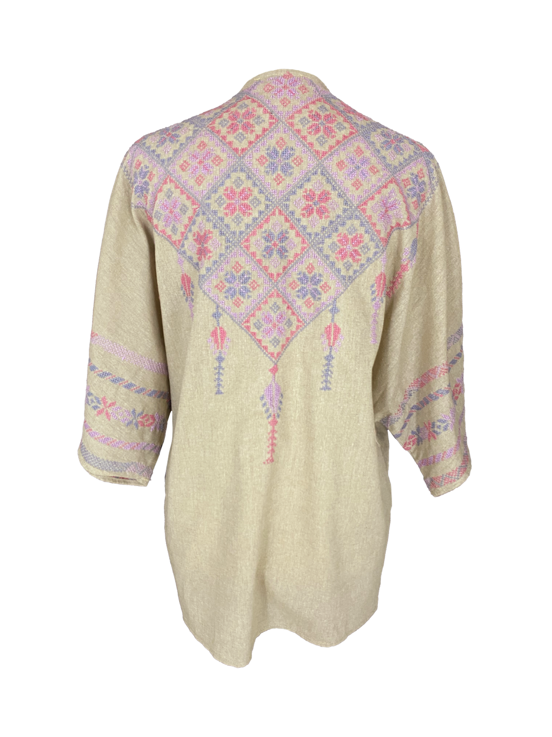The Short Sleeve Linen Jacket With Hand Embroidery in Beige with Baby Pink