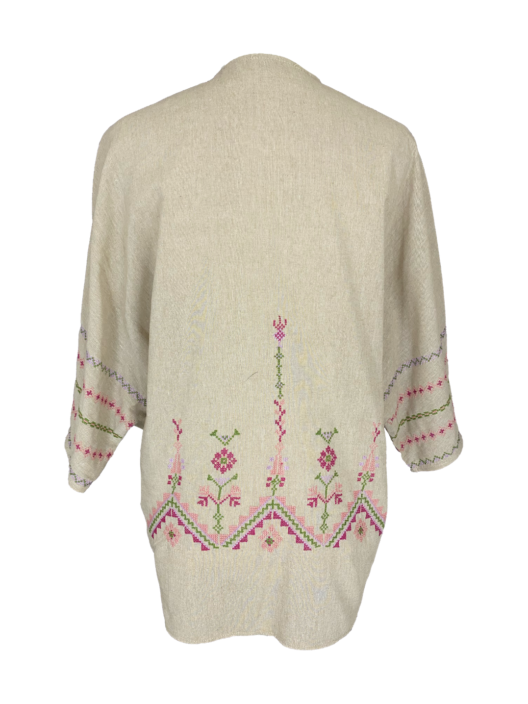 The Short Sleeve Linen Jacket With Hand Embroidery in Beige with Light Pink