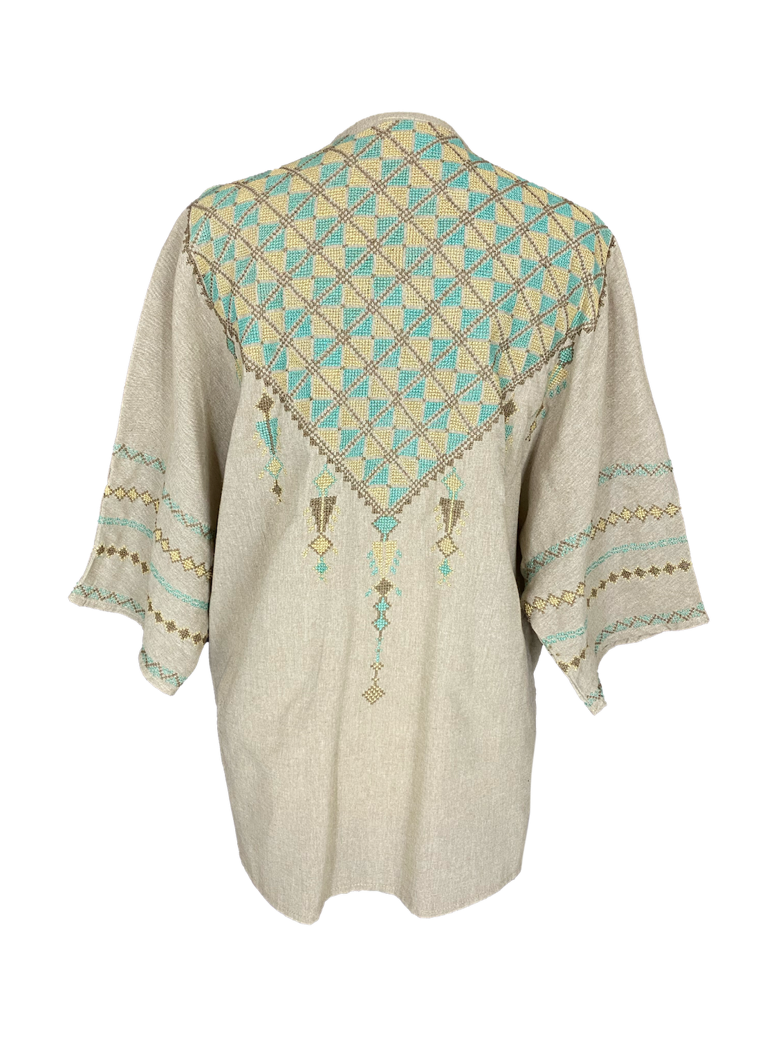 The Short Sleeve Linen Jacket With Hand Embroidery in Beige and Mint Green