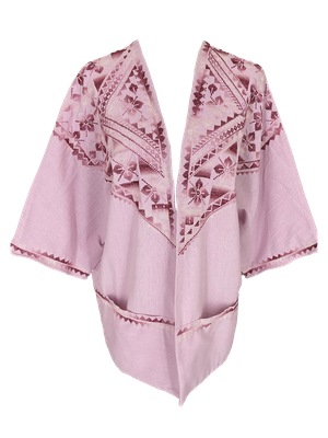 The Short Sleeve Linen Jacket With Heavy Hand Embroidery in Pink