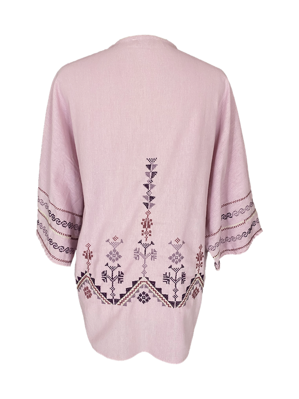 The Short Sleeve Linen Jacket With Hand Embroidery in Pink with Fuschia