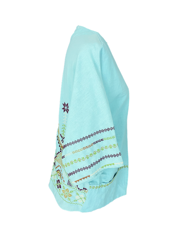 The Short Sleeve Linen Jacket With Hand Embroidery in Blue with Multi Embroidery