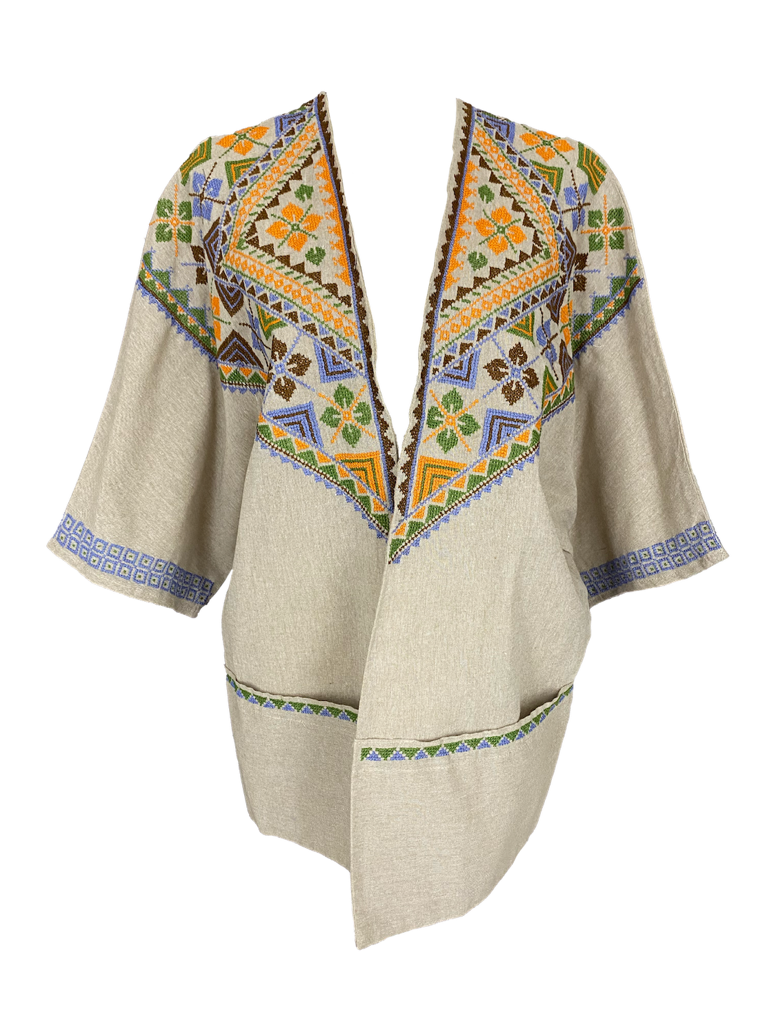 The Short Sleeve Linen Jacket With Hand Embroidery in Beige with Orange and Burgundy