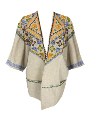 The Short Sleeve Linen Jacket With Hand Embroidery in Beige with Orange and Burgundy