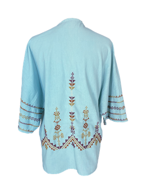 The Short Sleeve Linen Jacket With Hand Embroidery in Blue and Green