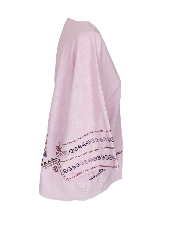 The Short Sleeve Linen Jacket With Hand Embroidery in Pink with Fuschia