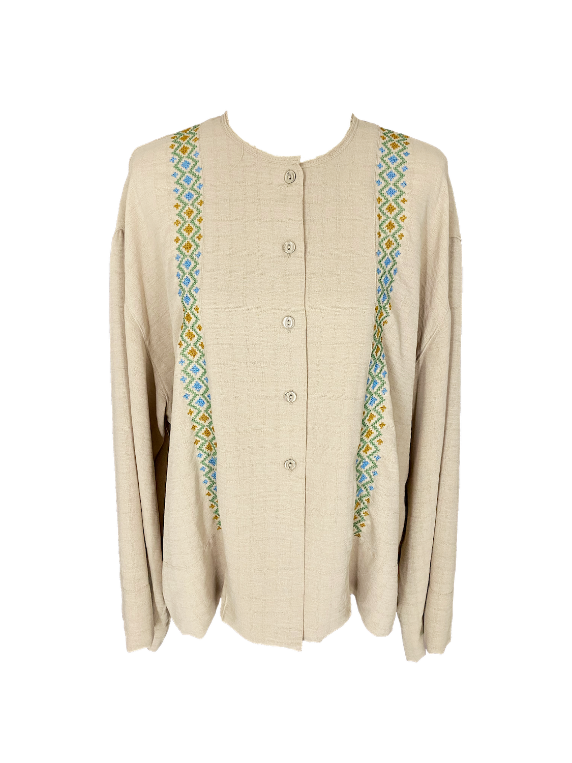 Hand Embroidered Shirt With Wide Sleeve in Beige with Blue and Green Embroidery