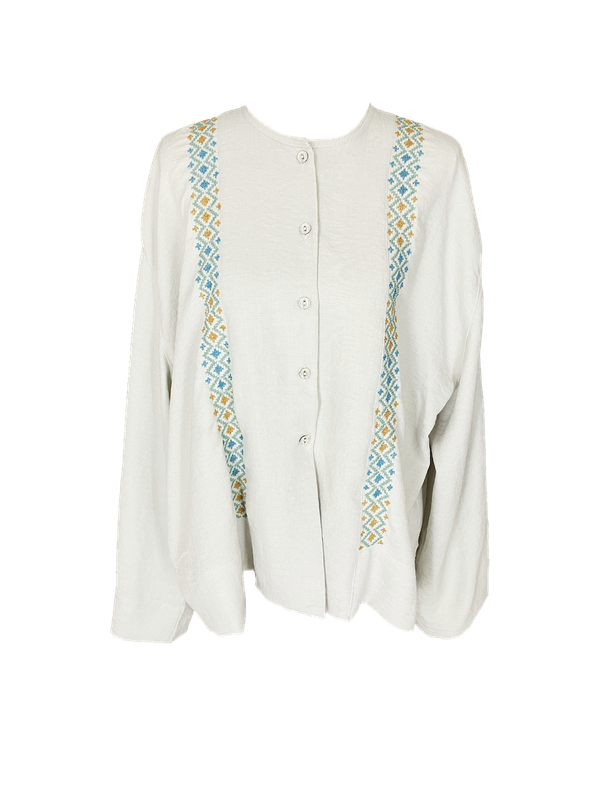 White Hand Embroidered Shirt With Wide Sleeve in with Blue and Beige Embroidery