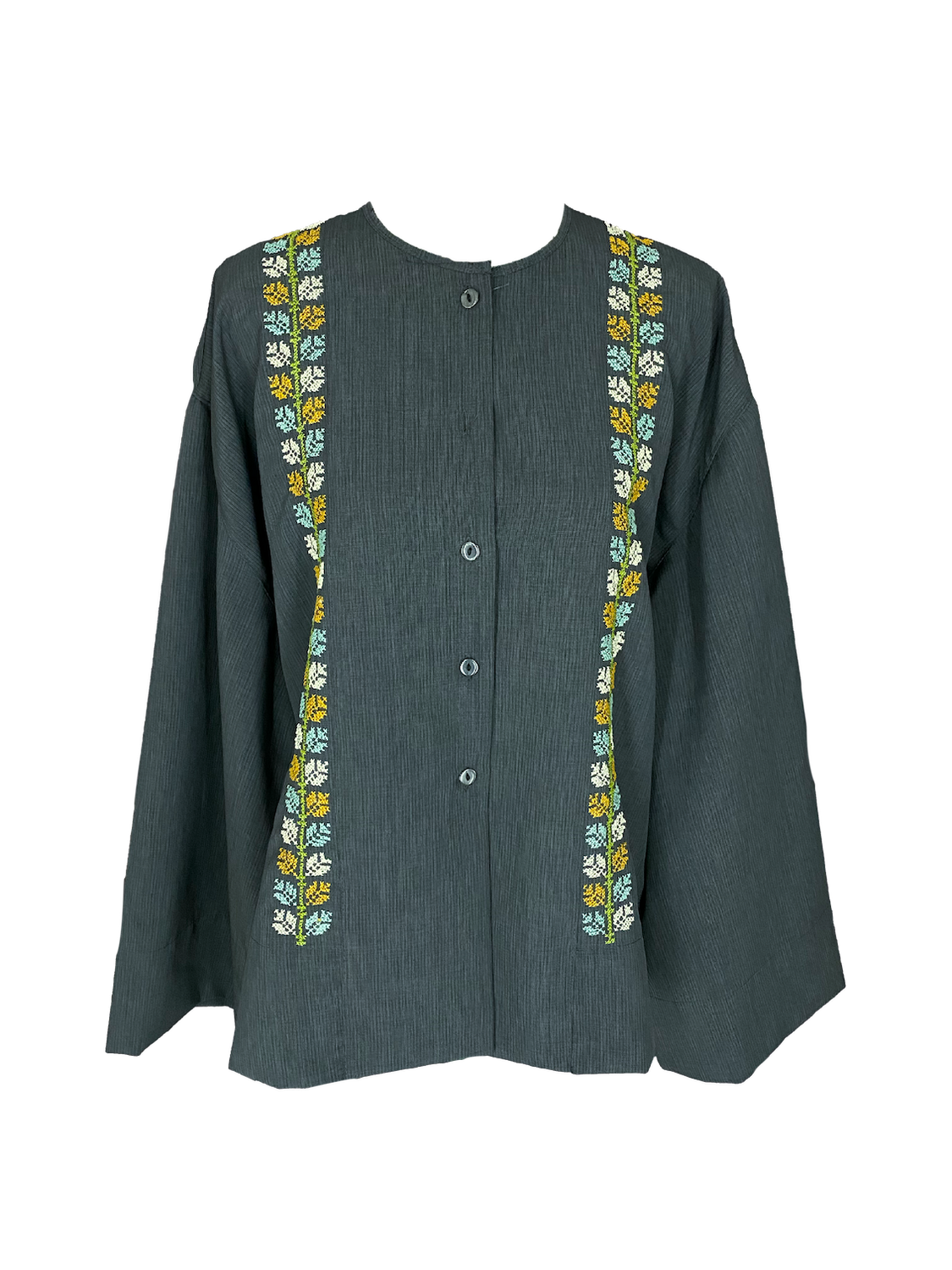 Grey Hand Embroidered Shirt With Wide Sleeves