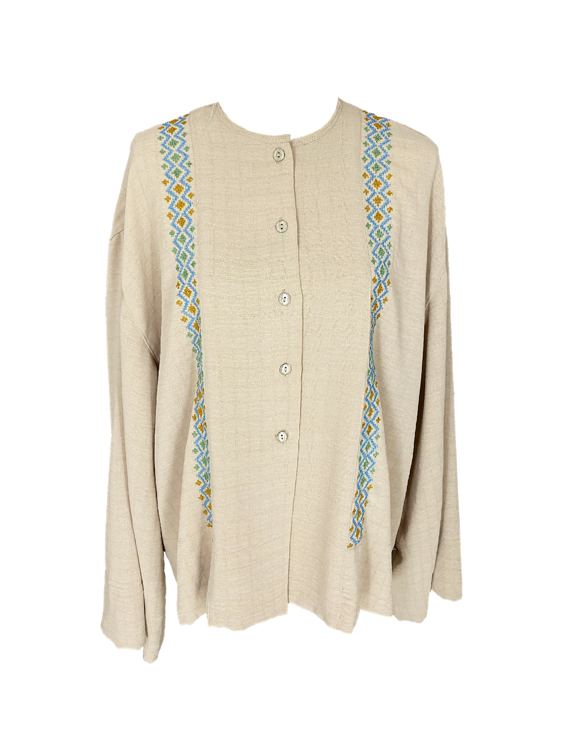 Hand Embroidered Shirt With Wide Sleeve in Beige with Blue Embroidery