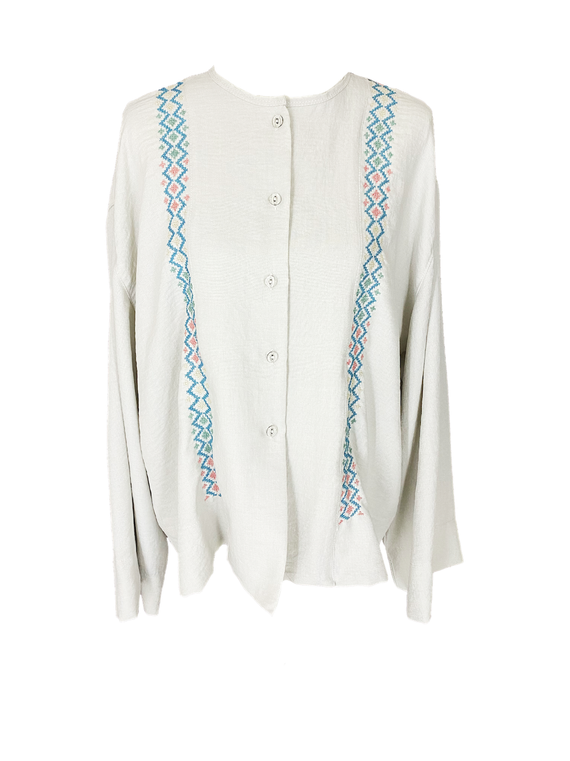 Hand Embroidered Shirt With Wide Sleeve in White with Blue Embroidery