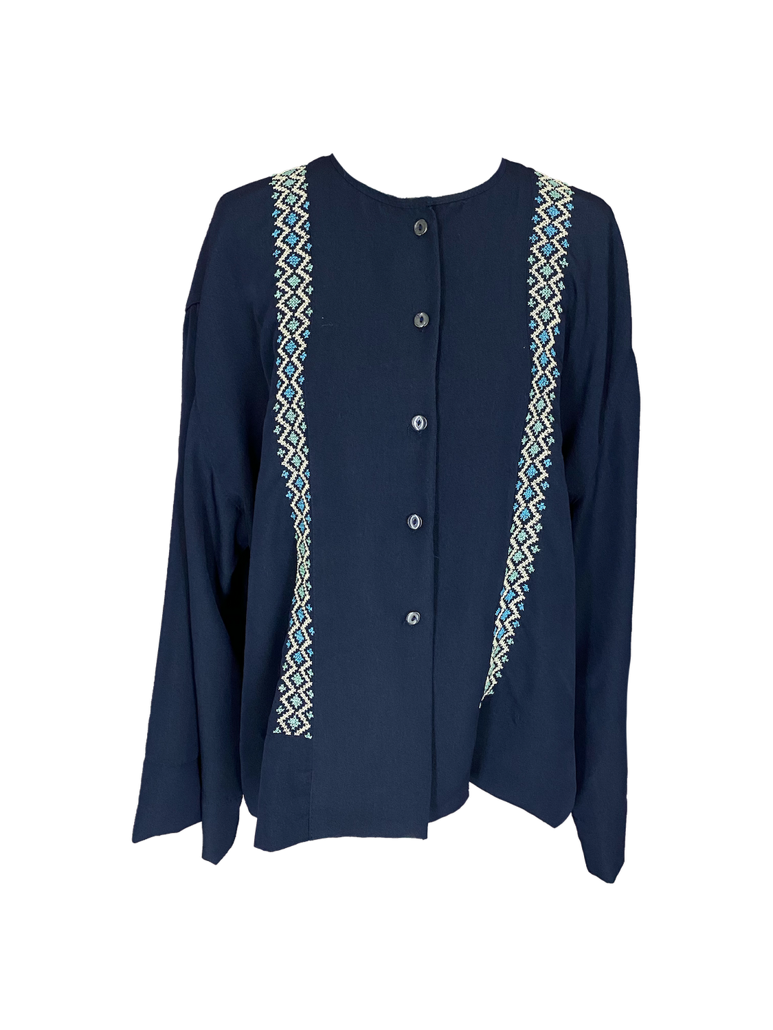 Navy Blue Hand Embroidered Shirt With Wide Sleeves