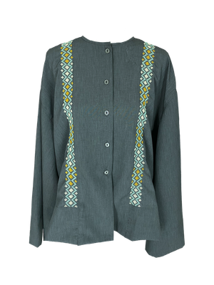 Grey Hand Embroidered Shirt With Wide Sleeves with Blue and Green Embroidery