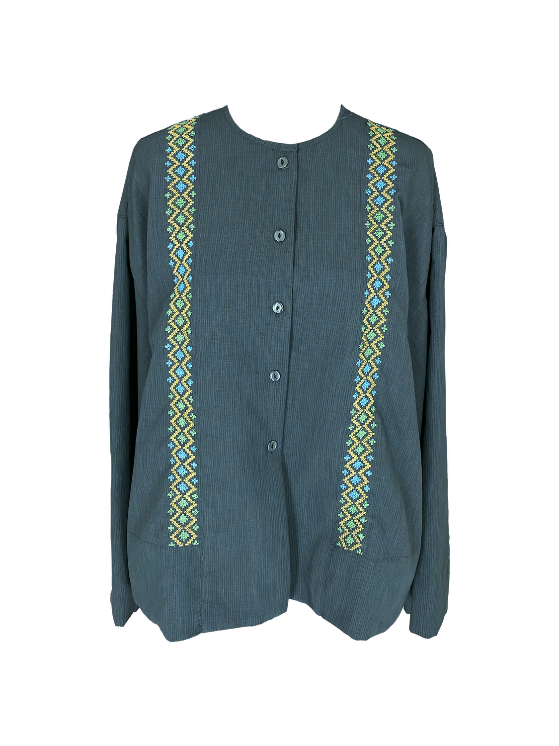 Grey Hand Embroidered Shirt With Wide Sleeves with Green and Blue Embroidery