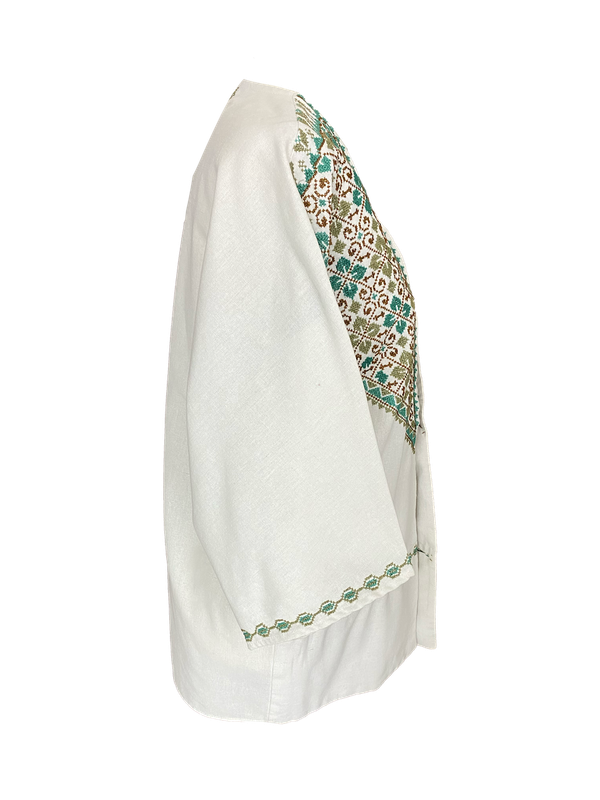 The Short Sleeve Linen Jacket With Heavy Hand Embroidery in White with Blue and Beige Embroidery