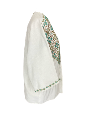The Short Sleeve Linen Jacket With Heavy Hand Embroidery in White with Blue and Beige Embroidery