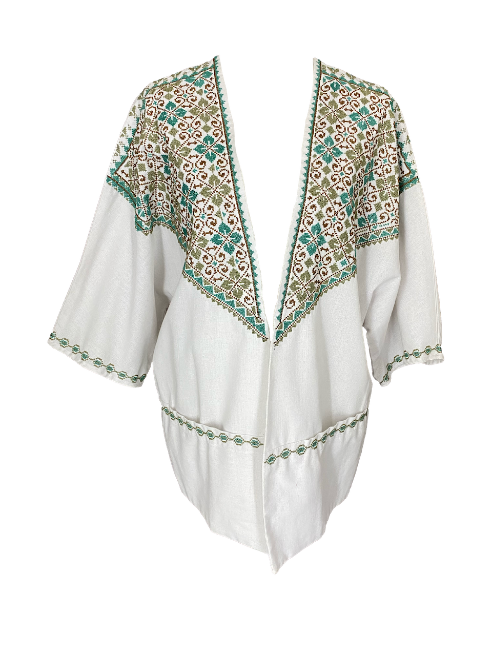 The Short Sleeve Linen Jacket With Heavy Hand Embroidery in White with Blue and Beige Embroidery