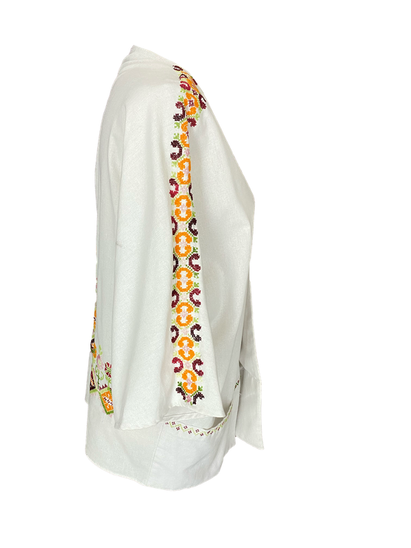 The Short Sleeve Linen Jacket With Heavy Hand Embroidery in White with Orange Embroidery