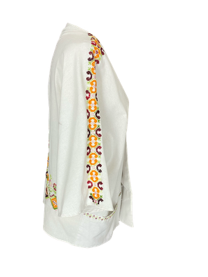 The Short Sleeve Linen Jacket With Heavy Hand Embroidery in White with Orange Embroidery