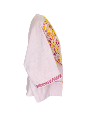 The Short Sleeve Linen Jacket With Heavy Hand Embroidery in Pink and Orange