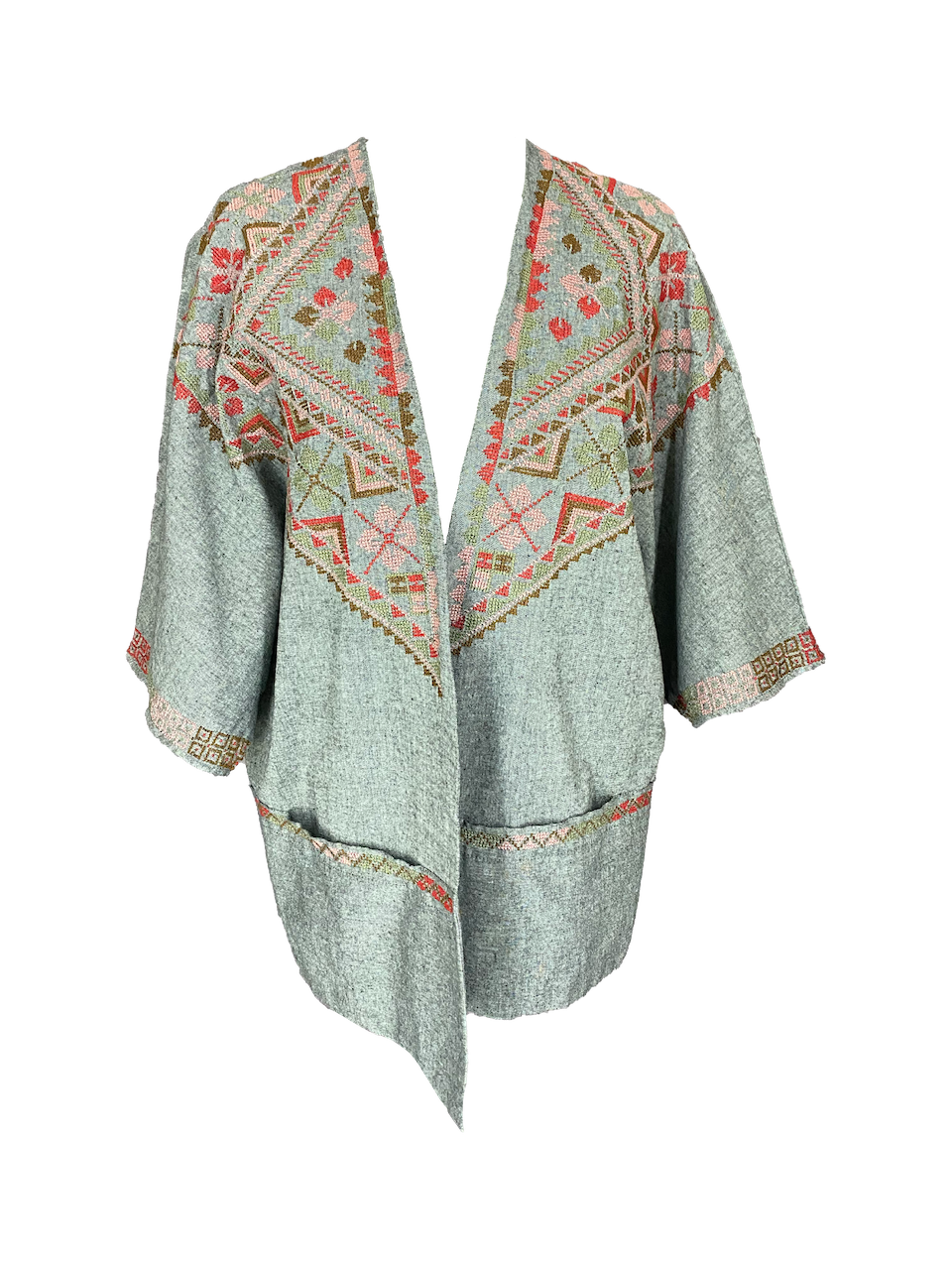 The Short Sleeve Linen Jacket With Hand Embroidery in Grey with Red and Pink Embroidery