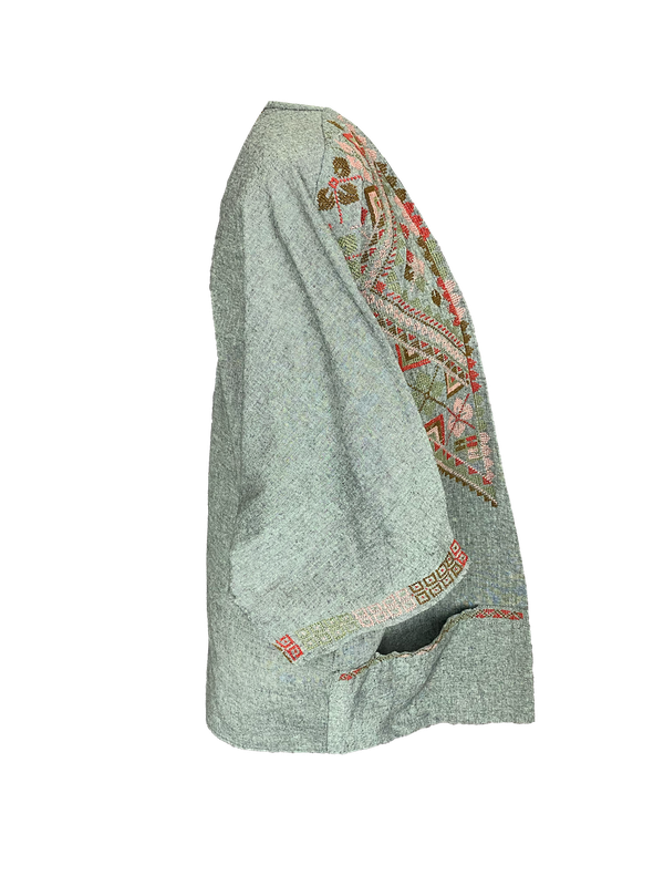 The Short Sleeve Linen Jacket With Hand Embroidery in Grey with Red and Pink Embroidery