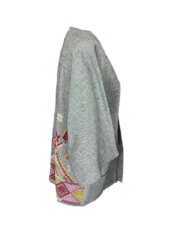 The Short Sleeve Linen Jacket With Hand Embroidery in Grey with Sunset Embroidery