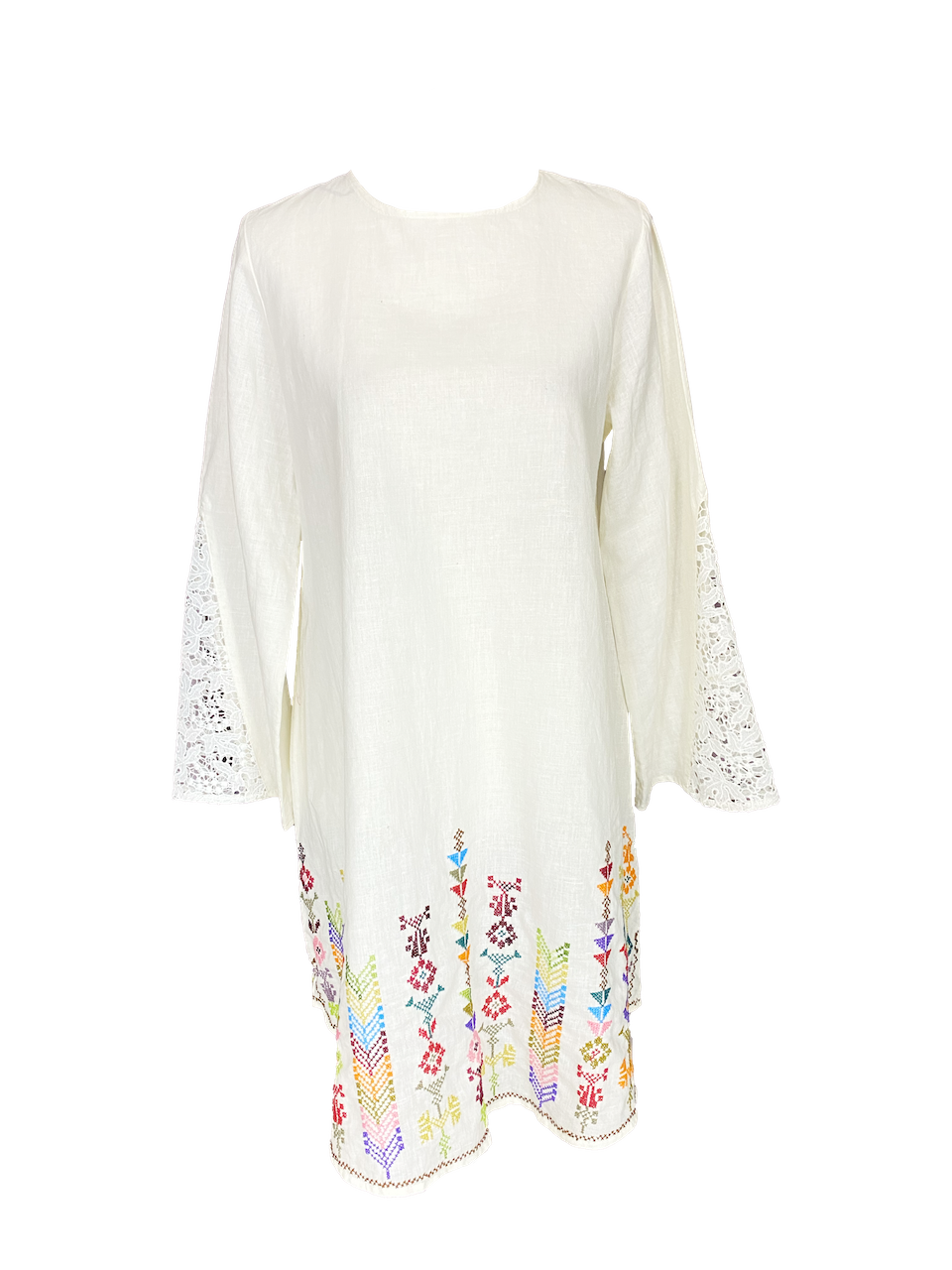 White Long Sleeve Linen Shirt With Embroidery