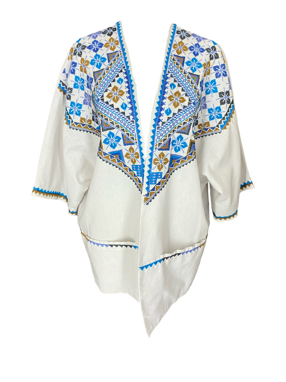The Short Sleeve Linen Jacket With Heavy Hand Embroidery in White with Blue Embroidery