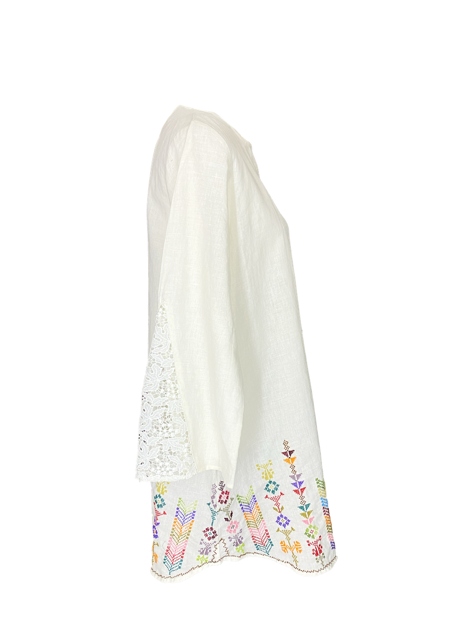 White Long Sleeve Linen Shirt With Embroidery