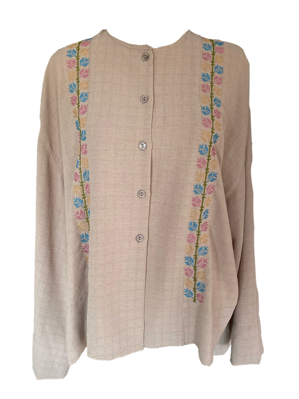 Pink Hand Embroidered Shirt With Wide Sleeve with Blue Embroidery
