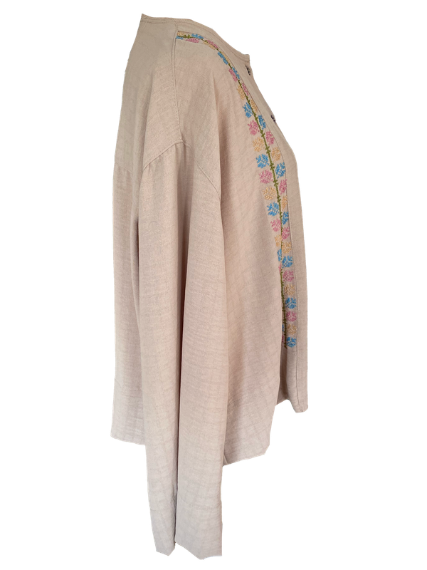 Pink Hand Embroidered Shirt With Wide Sleeve with Blue Embroidery