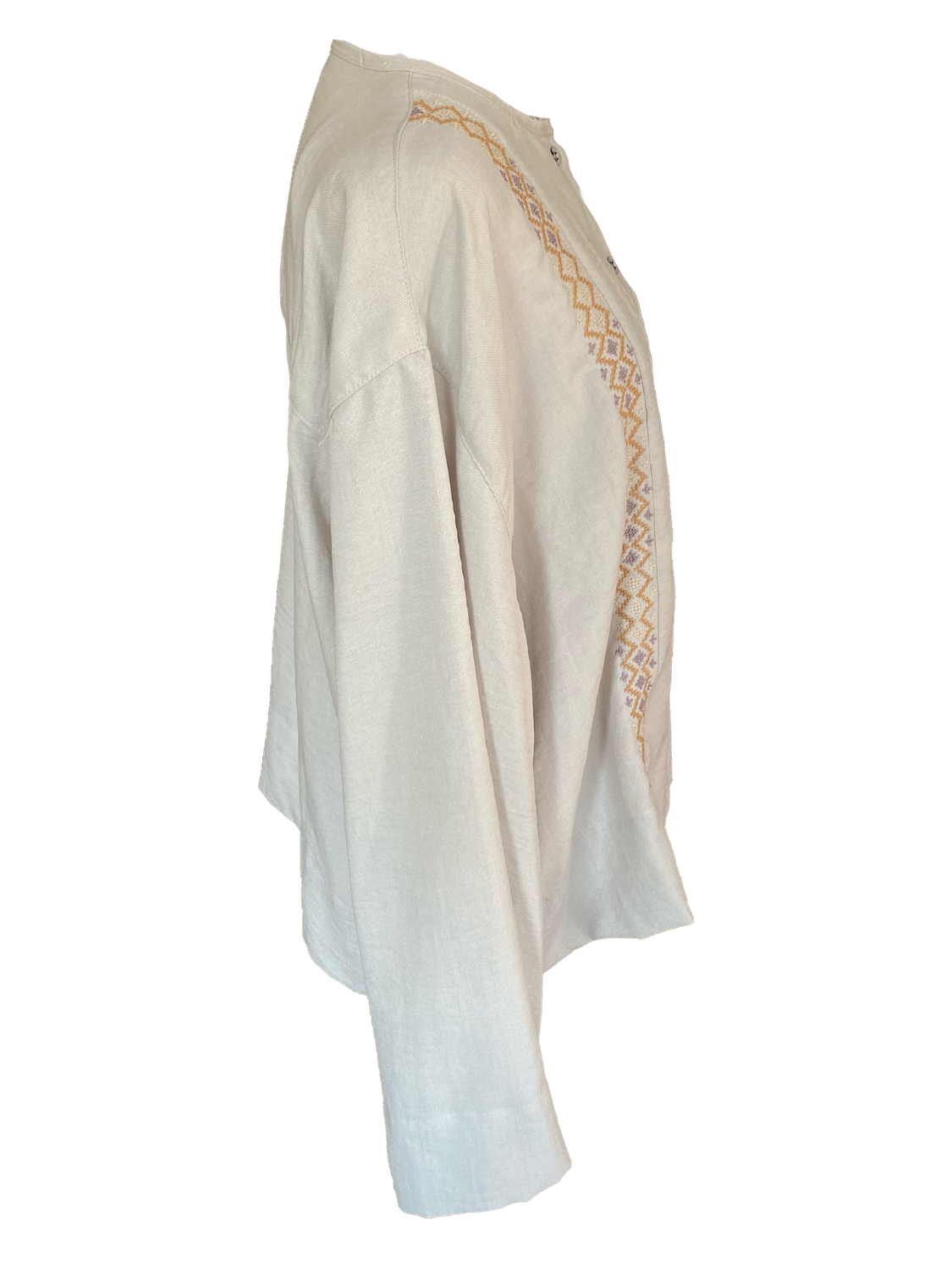 Hand Embroidered Shirt With Wide Sleeve in Beige with Orange Embroidery