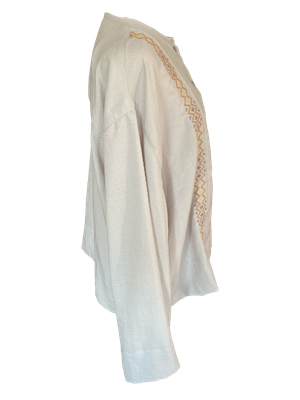 Hand Embroidered Shirt With Wide Sleeve in Beige with Orange Embroidery