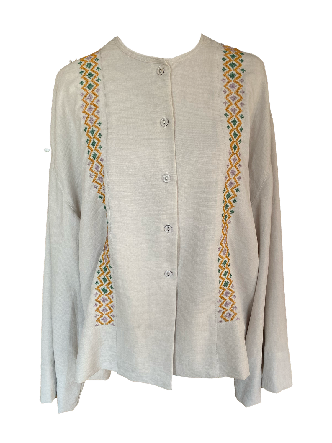 Hand Embroidered Shirt With Wide Sleeve in Beige with Orange and Green Embroidery