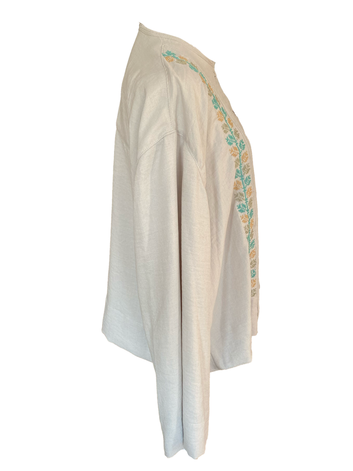 Hand Embroidered Shirt With Wide Sleeve in Beige with Teal Embroidery