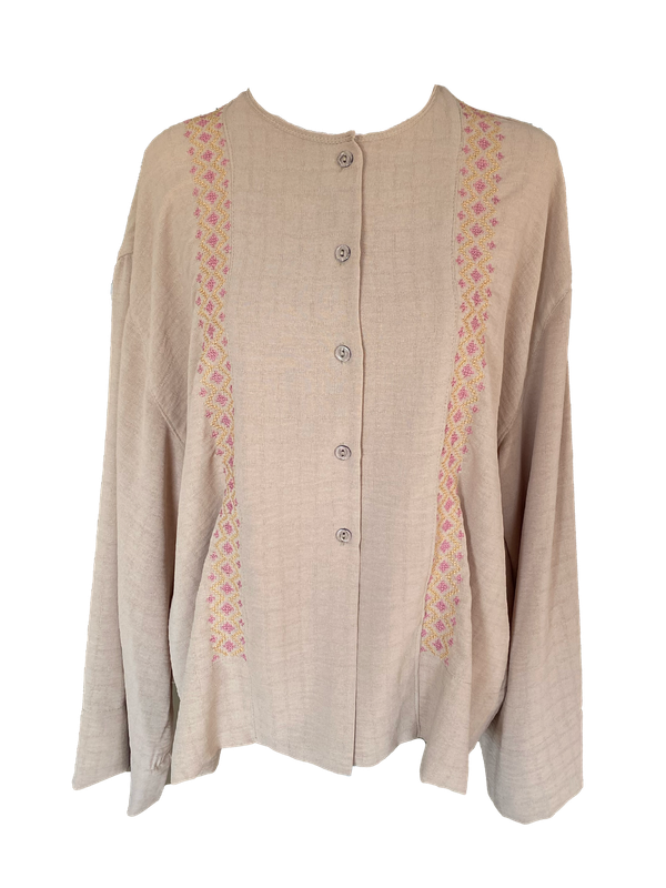 Pink Hand Embroidered Shirt With Wide Sleeve with Orange Embroidery