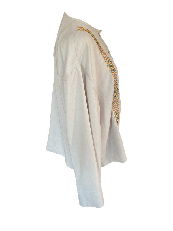 Hand Embroidered Shirt With Wide Sleeve in Beige with Orange and Green Embroidery