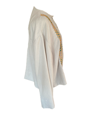 Hand Embroidered Shirt With Wide Sleeve in Beige with Orange and Green Embroidery