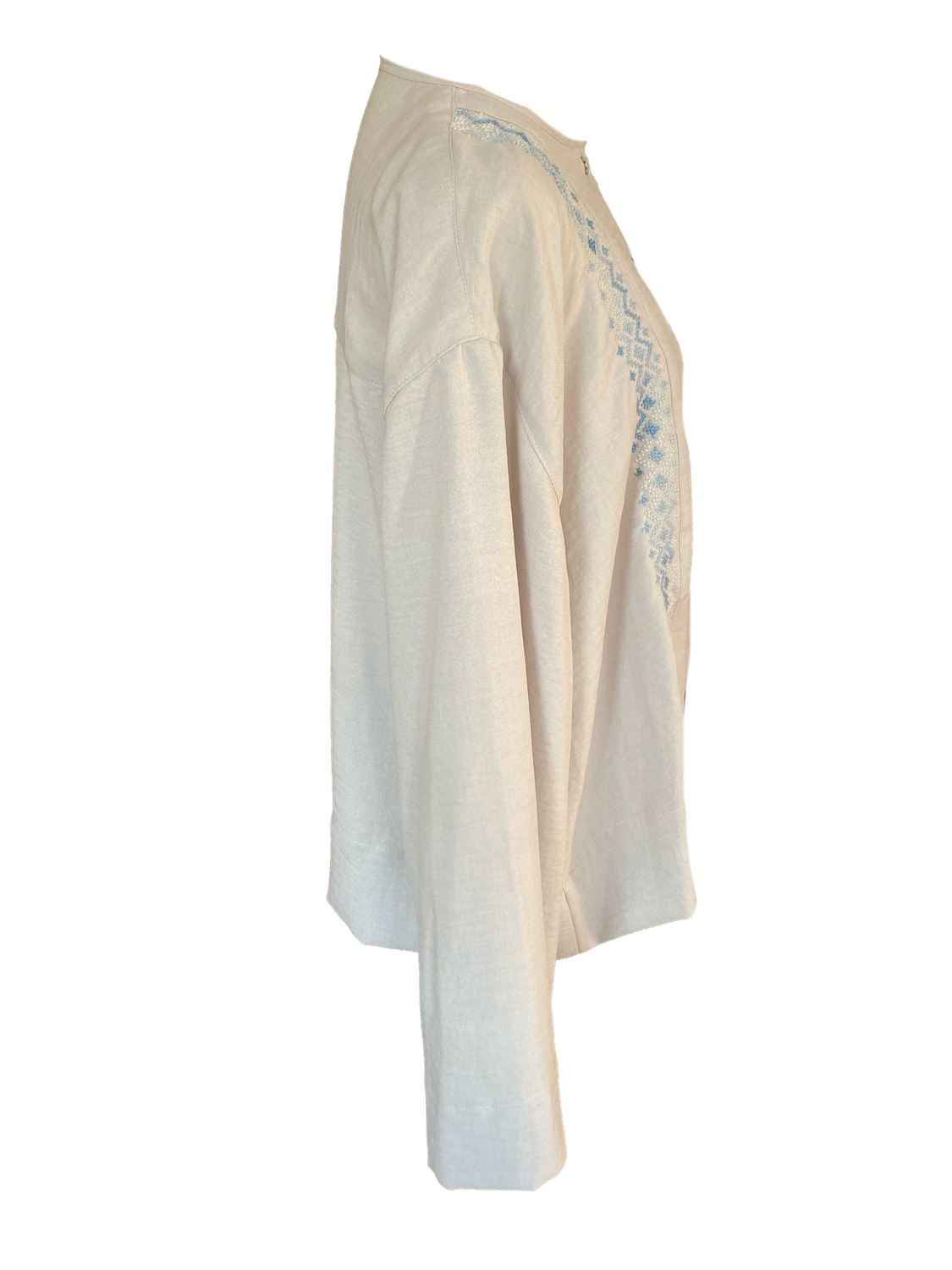 Hand Embroidered Shirt With Wide Sleeve in Beige with Blue Gradient Embroidery
