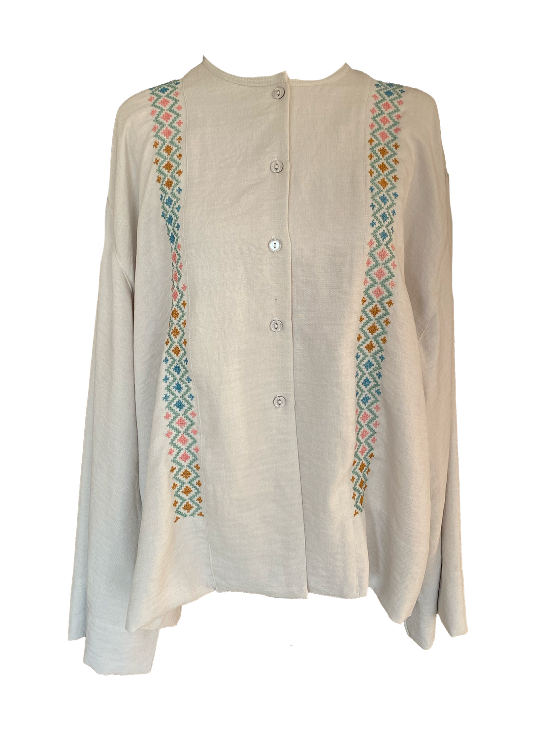 Hand Embroidered Shirt With Wide Sleeve in Beige with Blue and Brown Embroidery