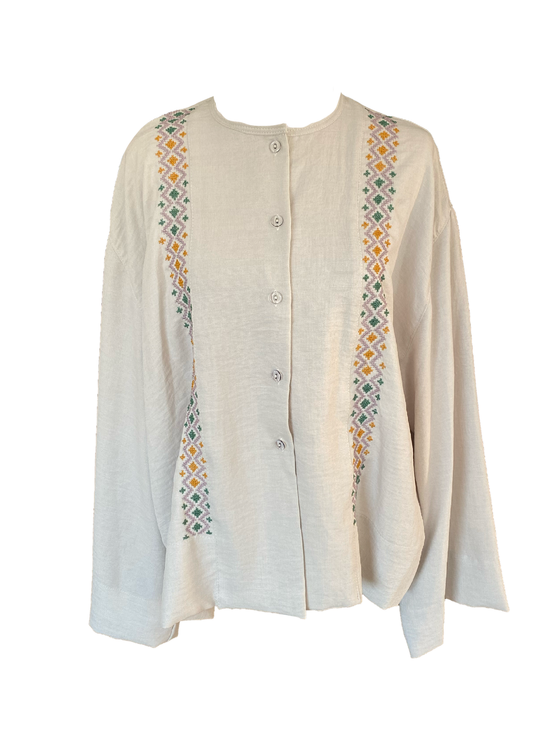 Hand Embroidered Shirt With Wide Sleeve in Beige with Navy Blue and Orange Embroidery