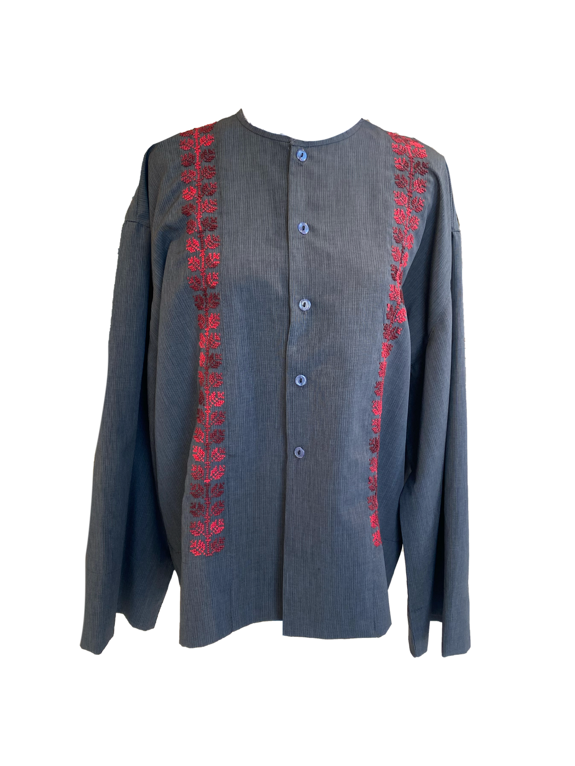Grey Shirt With Wide Sleeves and Red Hand Embroidery