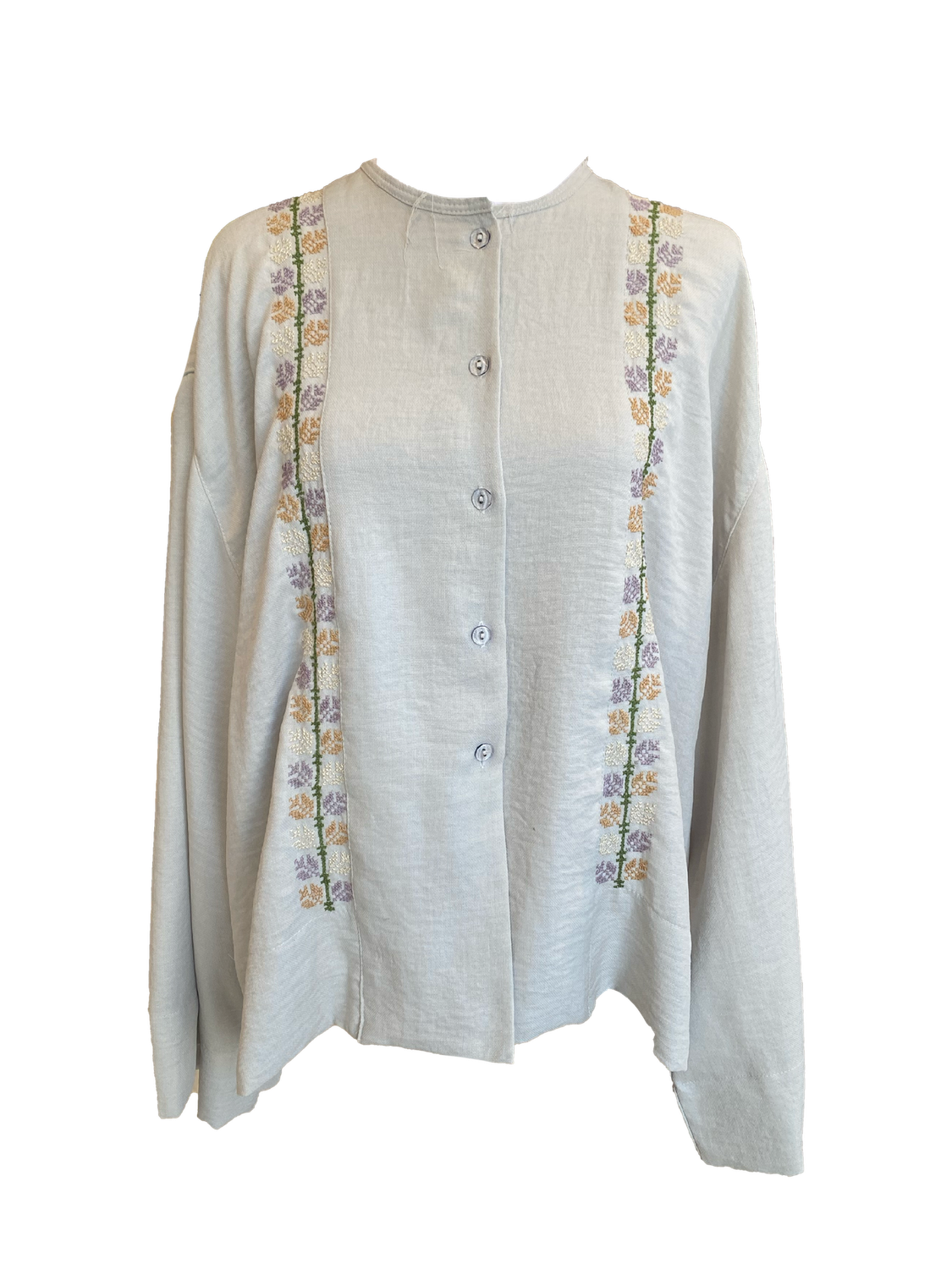 White Hand Embroidered Shirt With Wide Sleeve in with Beige Embroidery