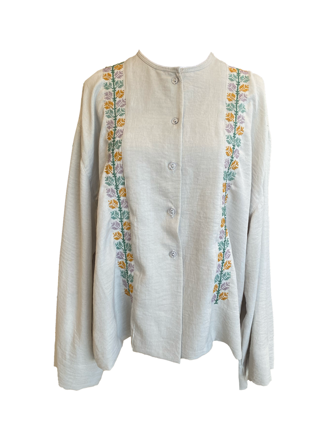 White Hand Embroidered Shirt With Wide Sleeve in with Beige and Blue Embroidery