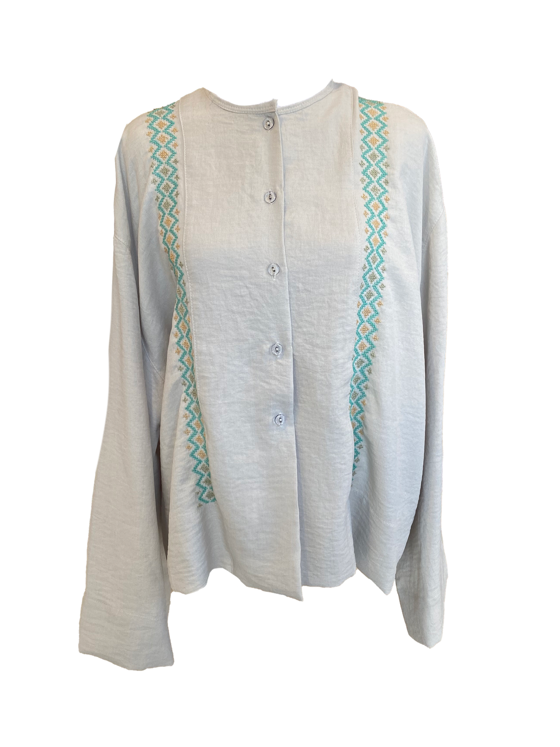 White Hand Embroidered Shirt With Wide Sleeve in with Blue and Green Embroidery