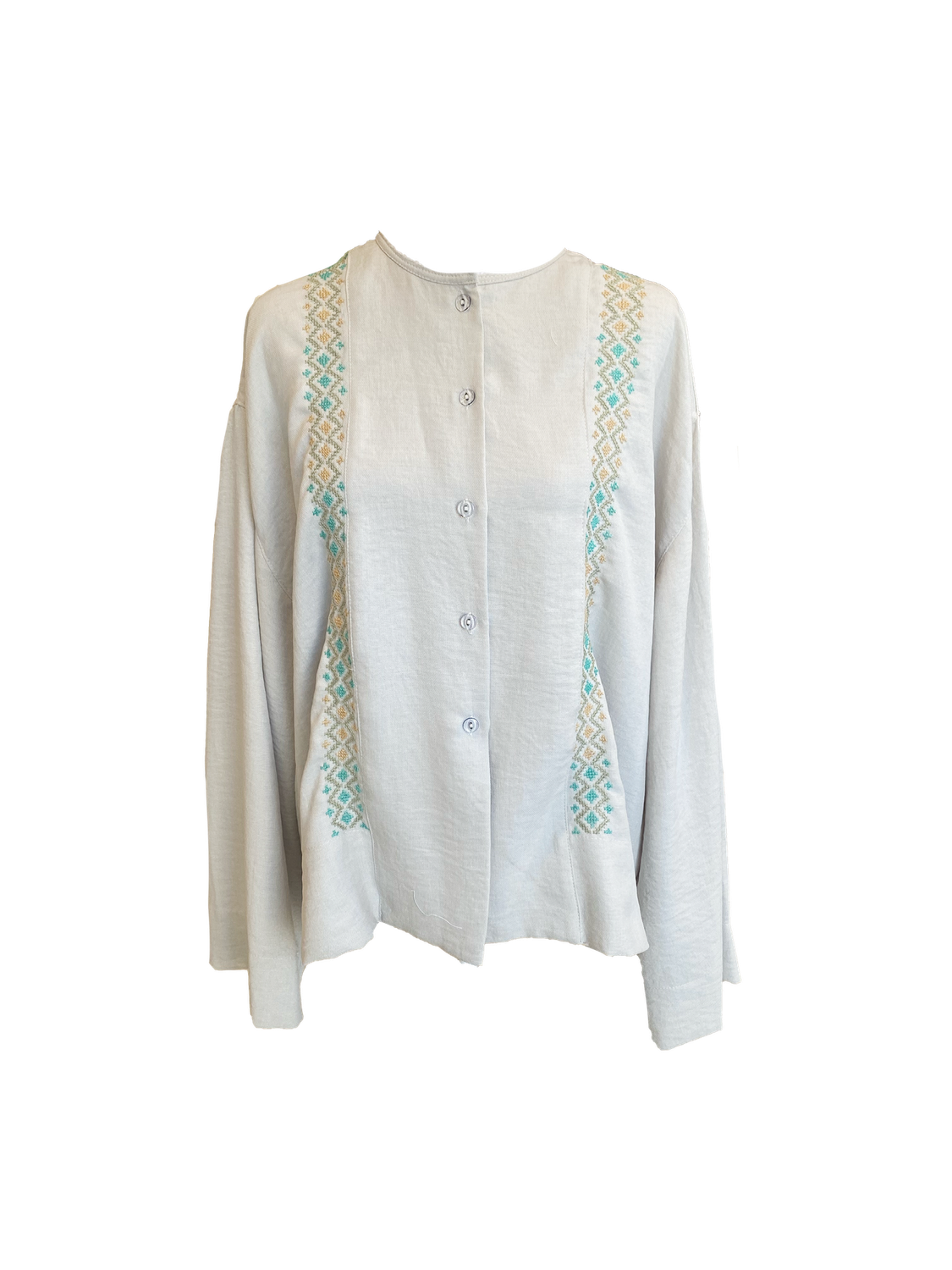 White Hand Embroidered Shirt With Wide Sleeve in with Beige and Light Blue Embroidery