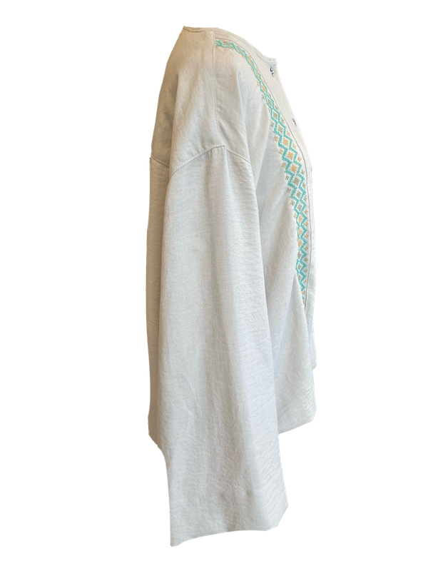 White Hand Embroidered Shirt With Wide Sleeve in with Blue and Green Embroidery