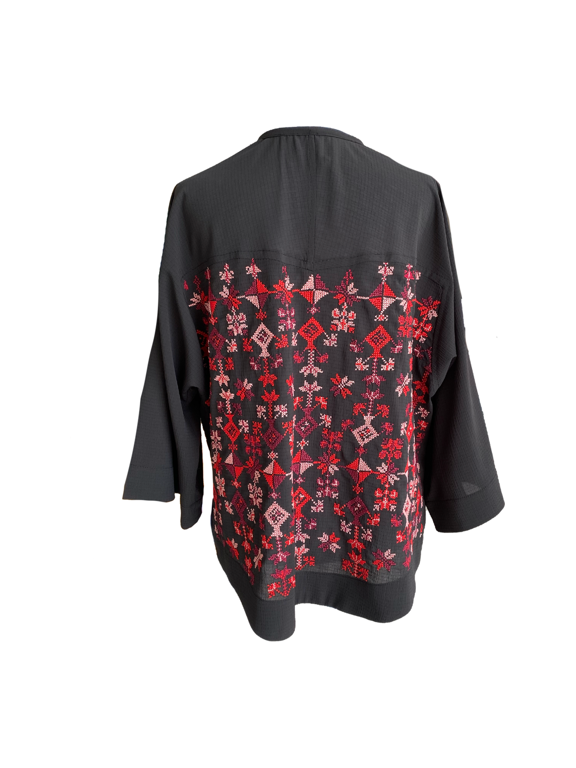 The Kimono Cut Jacket in Black with Red Hand Embroidery