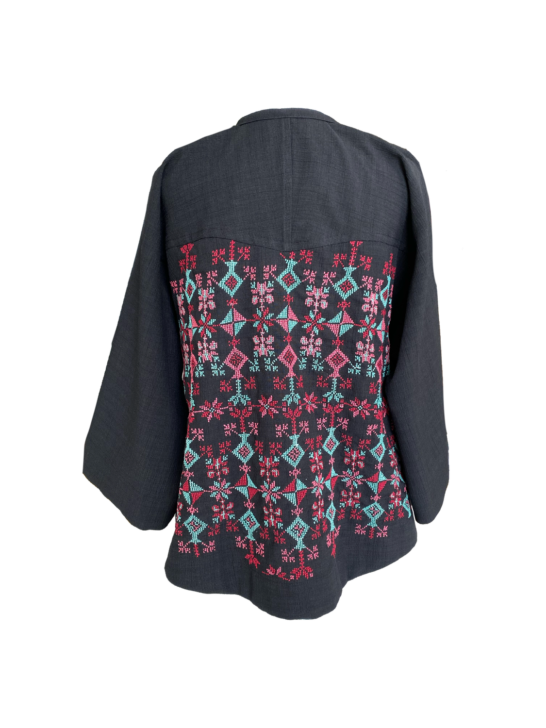 The Kimono Cut Jacket in Black with Blue and Pink Hand Embroidery